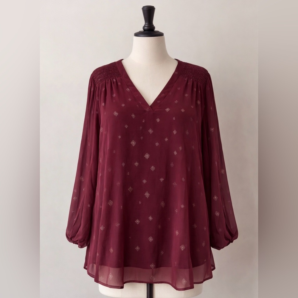 Maurices - Burgundy, Long Sleeve Blouse with V-Neck and Relaxed Fit